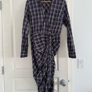 Veronica Beard Navy, White & Burgundy Plaid Button-Front Dress